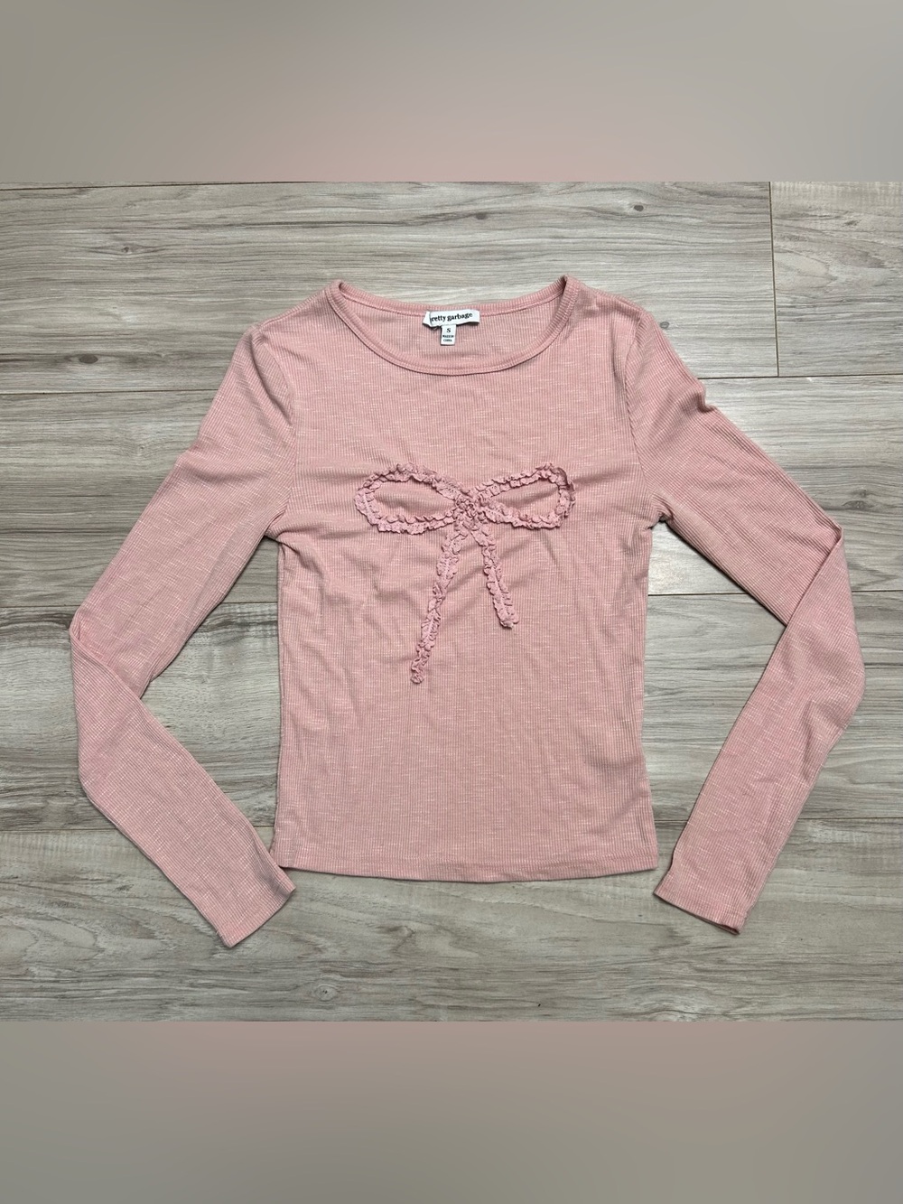 Pink Ribbed Long-Sleeve Top with Bow Detail